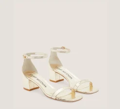 Stuart Weitzman Mid Heel Sandals|Trending: Block Heels-CHANGE LOCATION Metallic snake embossed leather/Platino Gold
