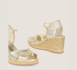 Stuart Weitzman Mid Heel Sandals|Wedges & Espadrilles-CHANGE LOCATION Liquid metallic leather & jute/Light Gold