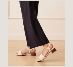 Stuart Weitzman Flat & Low Heel Sandals|Trending: Block Heels-CHANGE LOCATION Lacquered nappa leather & wood/Seashell & walnut