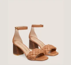 Stuart Weitzman Mid Heel Sandals|Trending: Block Heels-CHANGE LOCATION Lacquered nappa leather & wood/Tan & walnut