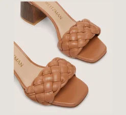 Stuart Weitzman Mid Heel Sandals|Trending: Block Heels-CHANGE LOCATION Lacquered nappa leather & wood/Tan & walnut