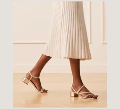 Stuart Weitzman Flat & Low Heel Sandals|Trending: Block Heels-CHANGE LOCATION Metallic woven leather/Light Gold