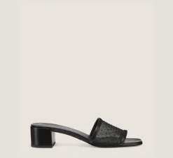 Stuart Weitzman Flat & Low Heel Sandals|Trending: Block Heels-CHANGE LOCATION Mesh & lacquered nappa leather/Black